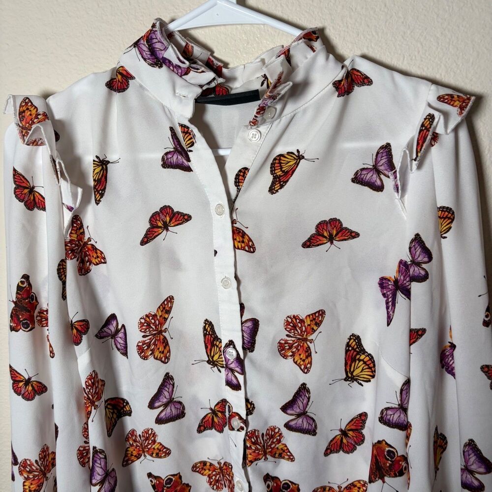 New York & Company Shirt Women's Small Sheer Button Up Butterfly Long Sleeve - Picture 3 of 8